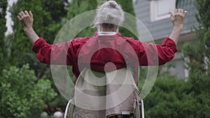 Back view of grey-haired disabled old man stretching in wheelchair in summer backyard garden outdoors. Medium shot of