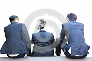 back view group of businessmen one is AI discussing in business problem isolate on white background