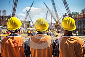 Back view of a group of construction workers at a construction site, rear view of Construction workers at the construction site