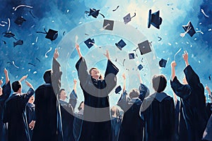 Back view of a group of graduates throwing caps in the air. Education concept. A group of graduates throwing graduation caps in