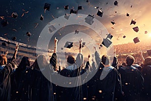 Back view of group of students throwing graduation caps at stadium. Mixed media, rear view of graduates throwing graduation caps