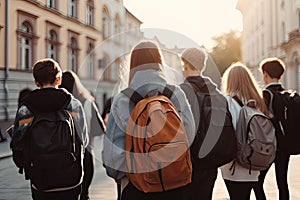 Back view of a group of students walking on the street. Backpackers with backpacks, School students full rear view with school