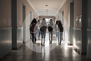 Back view of group of young female students walking in corridor of school, Teenage school kids standing in front of locker, AI