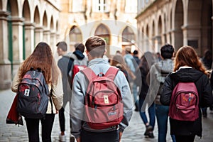 Back view of a group of young people with backpacks walking in the city, Back view of a group of students with backpacks walking