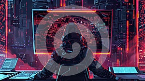 Back view of a hacker accessing digital interface with glowing blue code. Cybersecurity and hacking concept for design and print