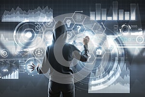 Hacker and blockchain screen