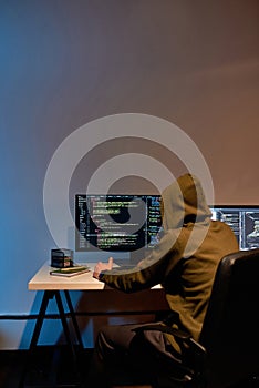 Back view of hacker programming script or code