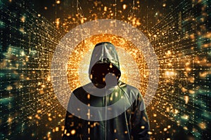 Back view of hacker standing in front of glowing binary code on dark background, Depict an anonymous hacker surrounded by a