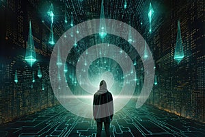 Back view of hacker standing in front of glowing binary code on dark background, Depict an anonymous hacker surrounded by a