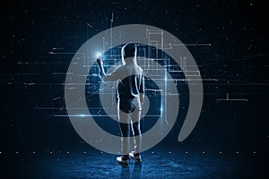 Back view of hacker using abstract glowing lines interface on background. Big data, hacker, metaverse and connection concept