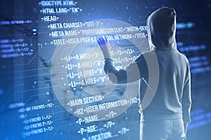 Back view of hacker using creative digital programming language on blurry background. Software developer, hacking, malware and