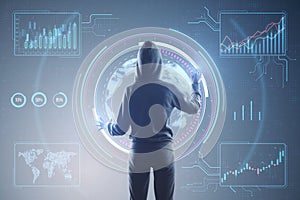 Back view of hacker using digital business interface on gray background. Hacking and dashboard concept.