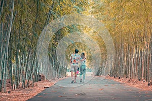 Back view of happiness Male and female couples walking hand in hand and fall in love along the bamboo park