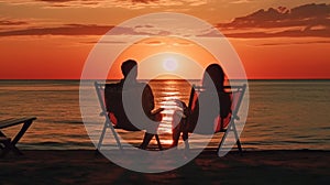 Back view of a happy couple enjoy luxury sunset on the beach. Generative AI