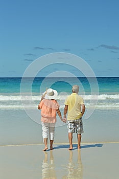 Back view. Happy elderly couple walking on tropical beach