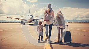 Back view of happy family standing near a large plane with two suitcases outdoor. Trip concept