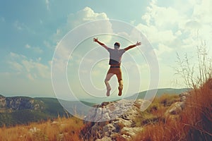 back view of happy man with arms up at the top of the mountain - AI Generated