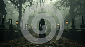 Back view of a haunting ghostly female in front of a foggy Southern Plantation antebellum mansion on Halloween night -