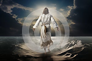 Back view of Jesus Christ wearing biblical robe having a walk on water. Generative AI