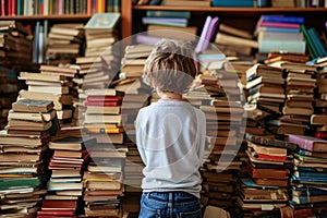 Back view kid pile books. Generate Ai