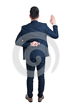 Back view of lawyer making fake oath with fingers crossed