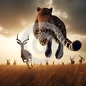 Back view of leopard jumping towards antelope herd