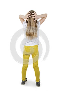 Back view of little girl confusing. Shocked young girl with hands on head. Full length