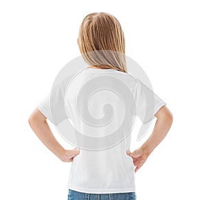 Back view of little girl in white t-shirt