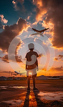 Back view of a little kid standing at the airport field. Boy looks at the plane in the sky at sunset. Low angle view. Generative