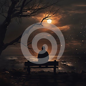 back view of a lonely man sitting on bench