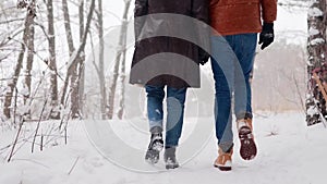 Back view of loving couple feet walking in a park on snowfall. Man and his girlfriend holding hands enjoying snow on