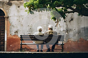 Back view of senior couple sitting on bench in the park