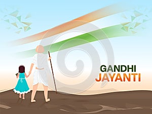 Back View Of Mahatma Gandhi Bapu With Little Girl, Tricolor Ribbon On Blue And Brown Background For Gandhi Jayanti