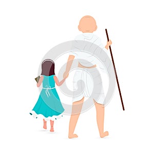 Back View Of Mahatma Gandhi Bapu Standing With Girl Character On White