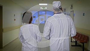 Back view of male and female doctors dressed in lab coats walking through the corridor of the ward and talking to each