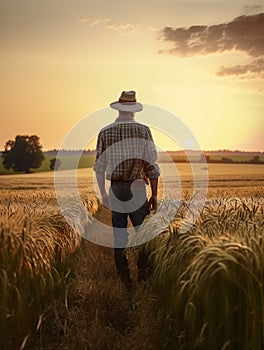 Back view of a male mid-aged farmer standing in the field. Man in jeans, shirt and hat looks at the ripe wheat at sunset.