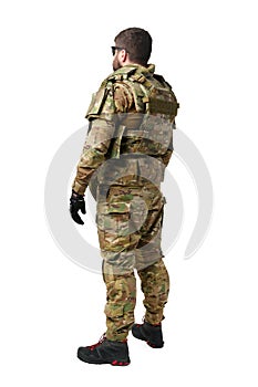 Back view of male soldier in military uniform isolated on white background