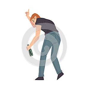 Back View of Man with Alcohol Drink Bottle in his Hands, Drunkenness, Bad Habit Concept Cartoon Style Vector photo