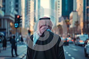 Back view of man in Arab Thawb dress in modern city street