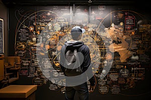 Back view of a man with a backpack looking at the world map