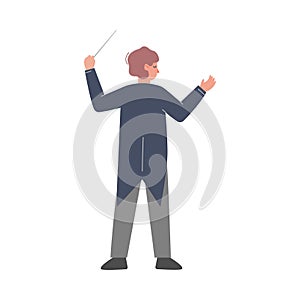 Back View of Man Conductor on Stage, Musician Directing Classic Instrumental Symphony Orchestra Flat Style Vector