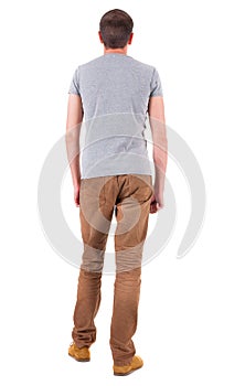 Back view of man in gray shirt and jeans looking up