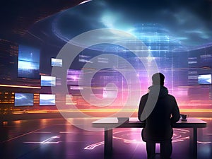 Back View of man Hacker Working in Computer and Infecting with Virus Data photo
