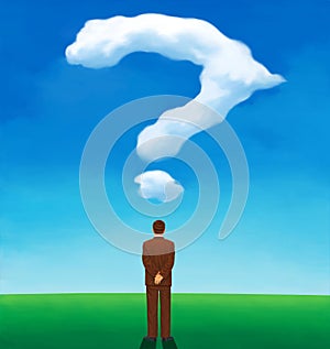 Back view of a man looking at a cloud shaped like a question mark