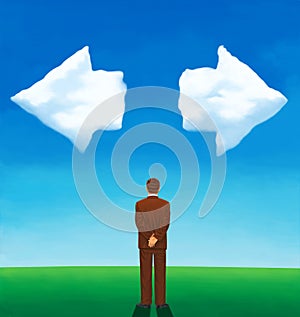 Back view of a man looking at two clouds arrow-shaped