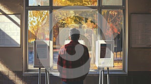 Back view of a man at a polling place. Male voter. Citizen vote. Concept of elections, participation in electoral