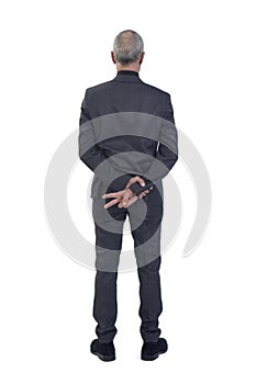 a back view of a man showing two finger on white backgroound