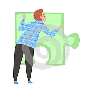 Back View of Man Solving Jigsaw Puzzle, Person Trying to Connect Big Green Puzzle Element Cartoon Style Vector