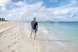 Back View of a Man Standing on a Caribbean Beach and a Cruise Ship in the Distance