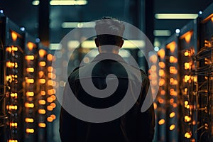 Back view of a man standing among illuminated servers in a data center. Webhosting, cloud computing